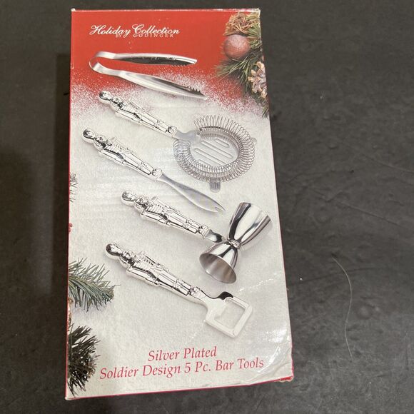 Holiday Collection Godinger 5 Pc Christmas Soldier Bar Tool Set Silver Plate VTG - Picture 8 of 11